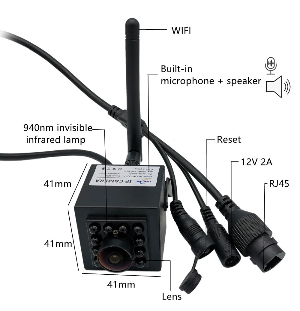 Mini IR IP Camera with TF Card Slot, 940nm Night Vision, Two-Way Audio