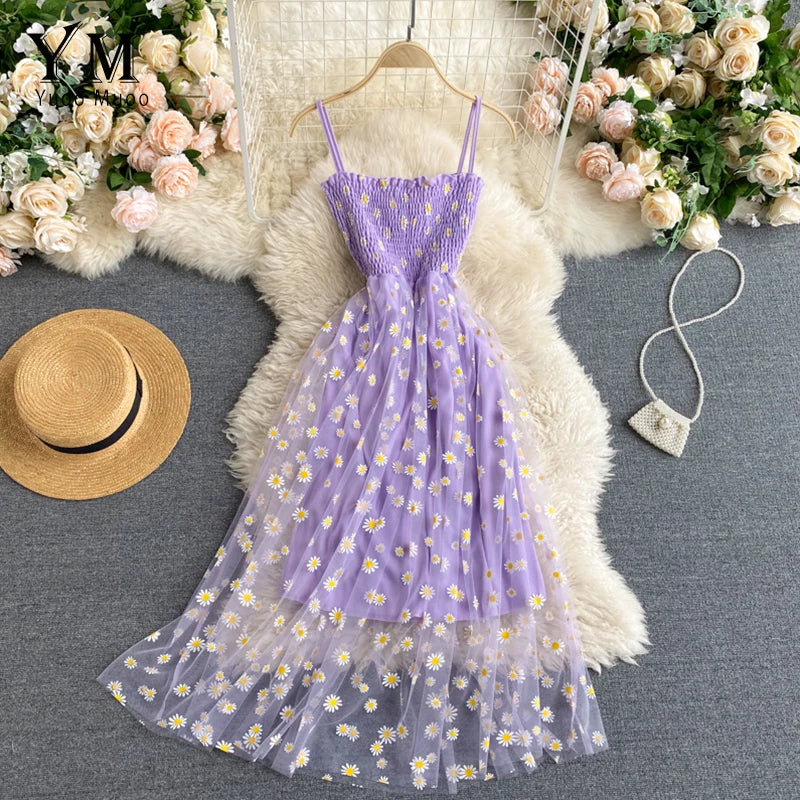 YuooMuoo Korean Fashion Daisy Flower Print Mesh Party Dress Summer Two Layers Spaghetti Strap Vacation Midi Dress Beach Vestidos 