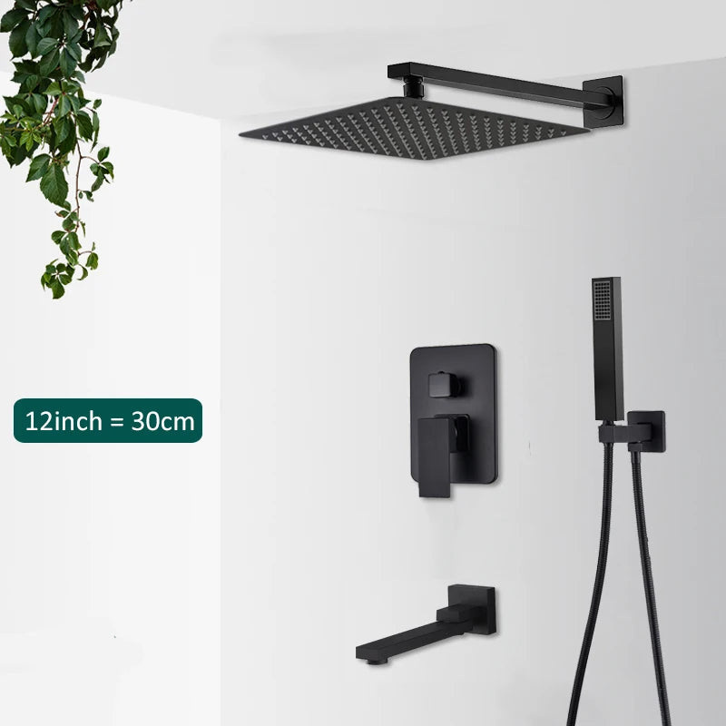 Matte Black Concealed Shower System with Rainfall Head & Tub Spout