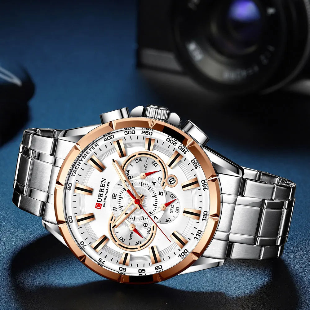 CURREN New Casual Sport Chronograph Men's Watches Stainless Steel Band Wristwatch Big Dial Quartz Clock with Luminous Pointers 