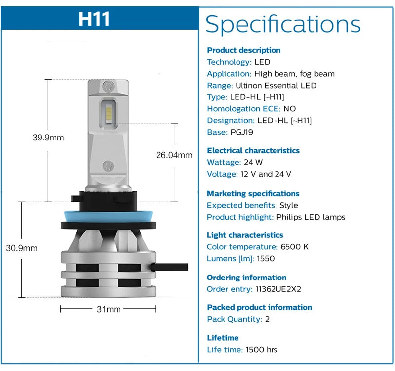 Philips Ultinon Essential G2 LED H1 H4 H7 H8 H11 H16 HB3 HB4 H1R2 9003 9005 9006 9012 6500K Auto Scheinwerfer Nebel-Lampe (2er Pack)