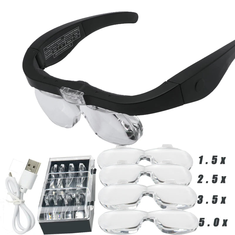 USB Rechargeable LED Magnifying Glasses - 4 Lenses