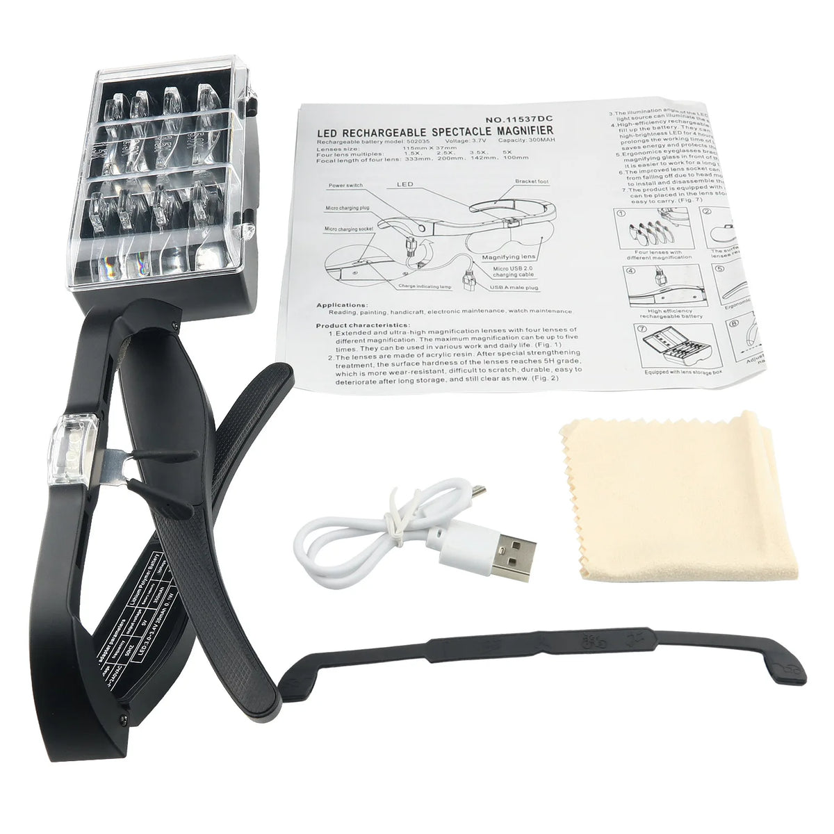 USB Rechargeable LED Magnifying Glasses - 4 Lenses