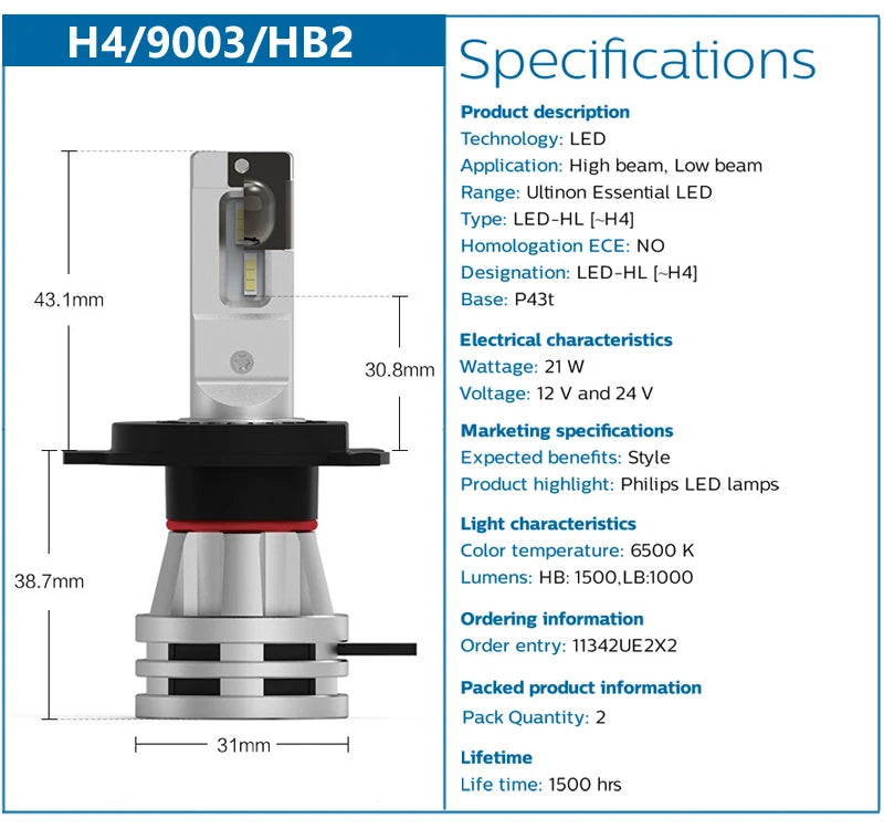 Philips Ultinon Essential G2 LED H1 H4 H7 H8 H11 H16 HB3 HB4 H1R2 9003 9005 9006 9012 6500K Auto Scheinwerfer Nebel-Lampe (2er Pack)