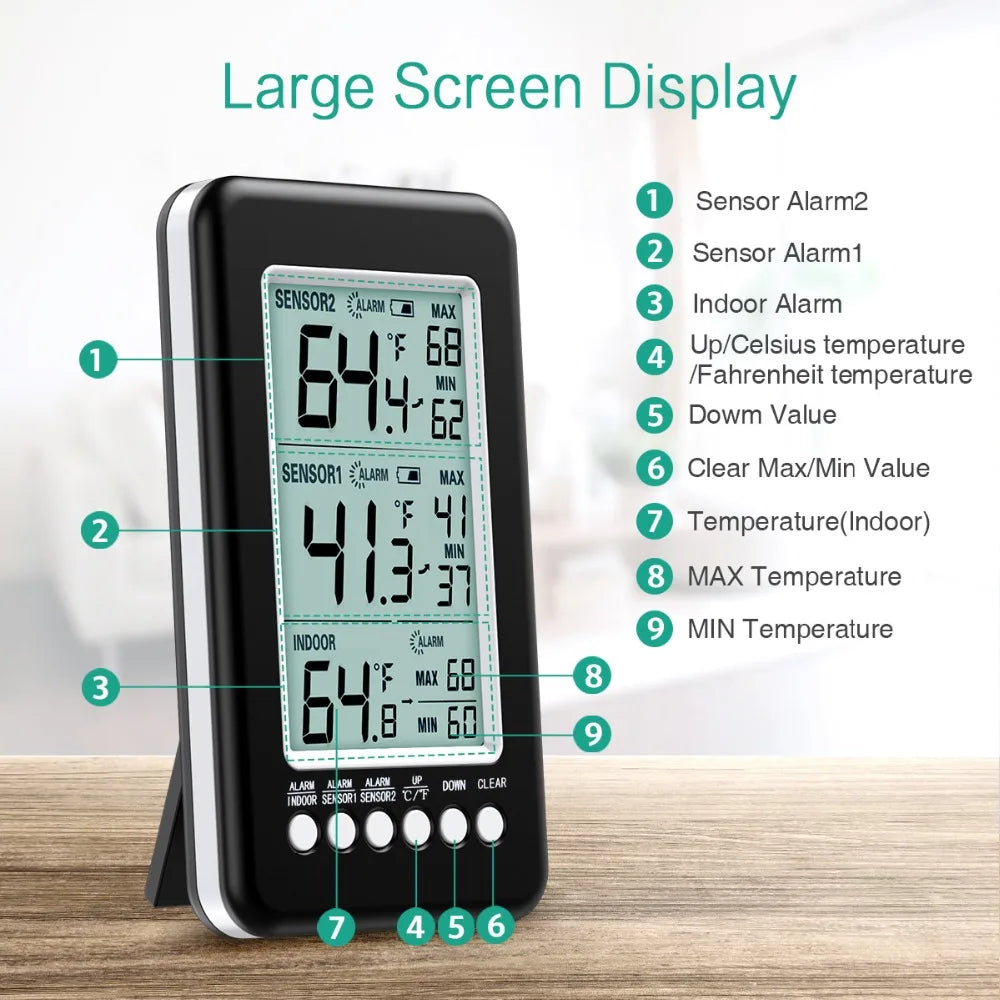 Refrigerator Thermometer with 2 Wireless Sensors and Alarm