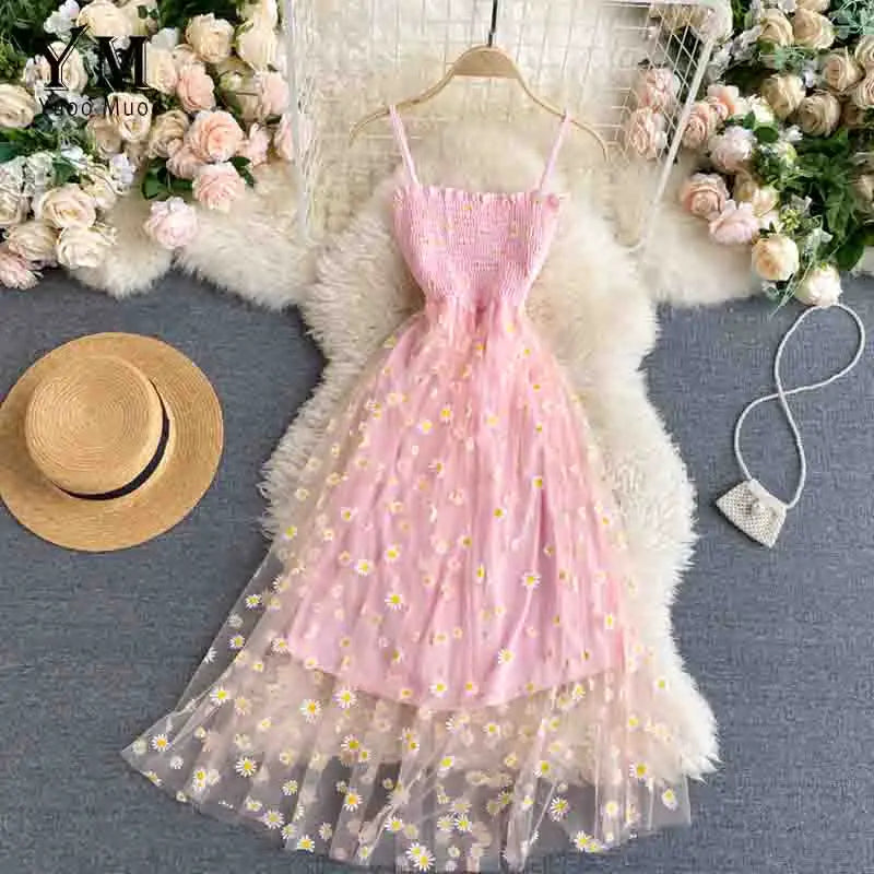 YuooMuoo Korean Fashion Daisy Flower Print Mesh Party Dress Summer Two Layers Spaghetti Strap Vacation Midi Dress Beach Vestidos 