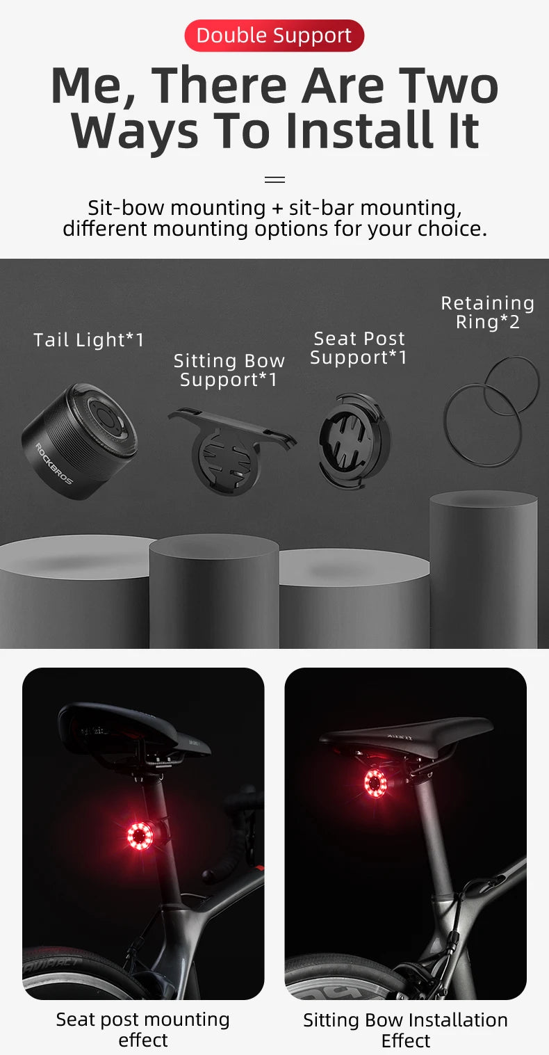 USB nabíjateľné zadné svetlo na bicykel s inteligentným snímaním a vodotesnosťou IPX6