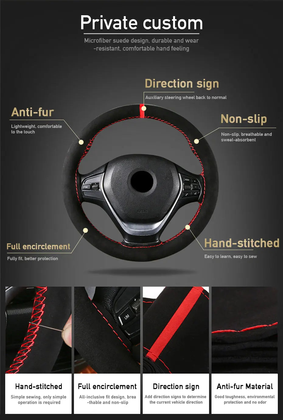Fur Steering Wheel Cover For Car Universal 38cm Braided Car Steering Wheel Protection Cover Leather Anti Slip Interior Parts