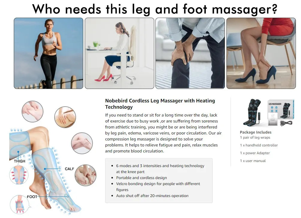 Foot air pressure leg massager promotes blood circulation, body massager, muscle relaxation, lymphatic drainage device 360° 