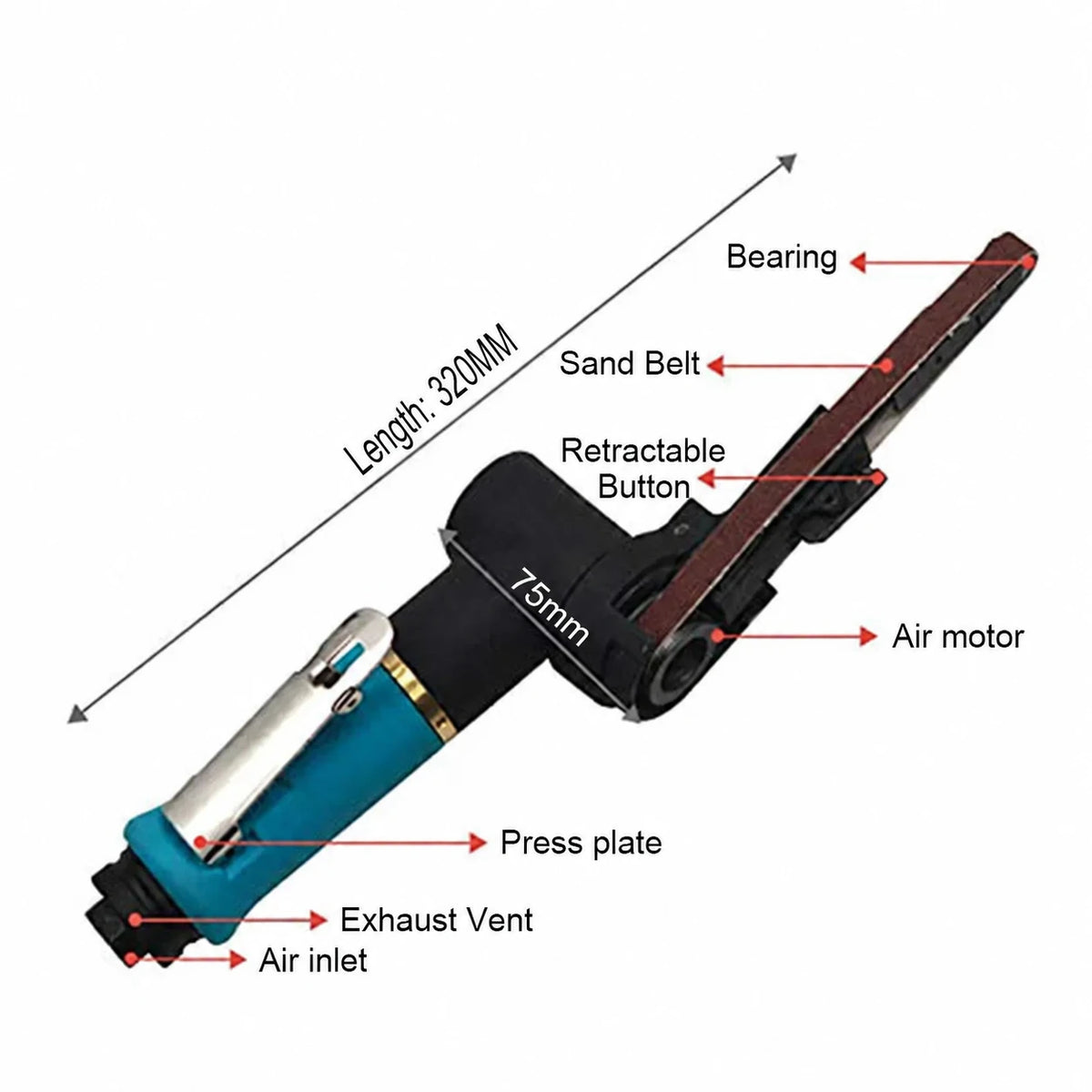 10 × 330 mm Druckluft-Bandschleifer und Schleifmitteloptionen