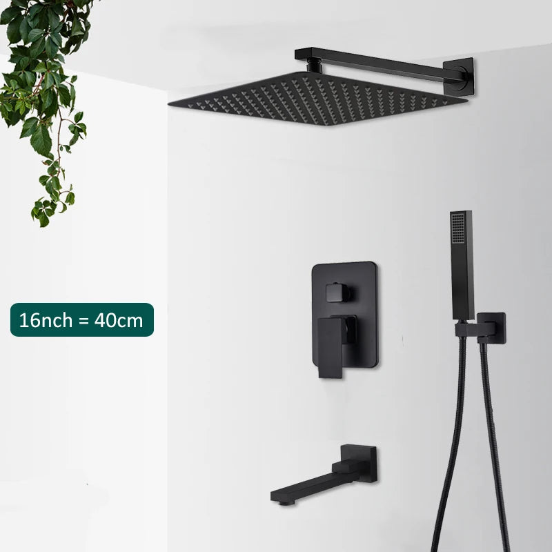 Matte Black Concealed Shower System with Rainfall Head & Tub Spout