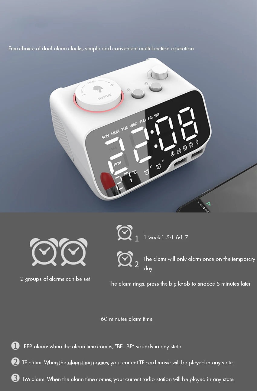 LED Alarm Clock Bluetooth Speaker with FM Radio & USB Charging
