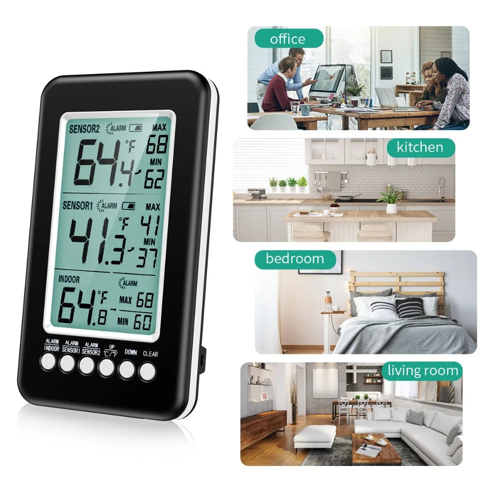 Refrigerator Thermometer with 2 Wireless Sensors and Alarm