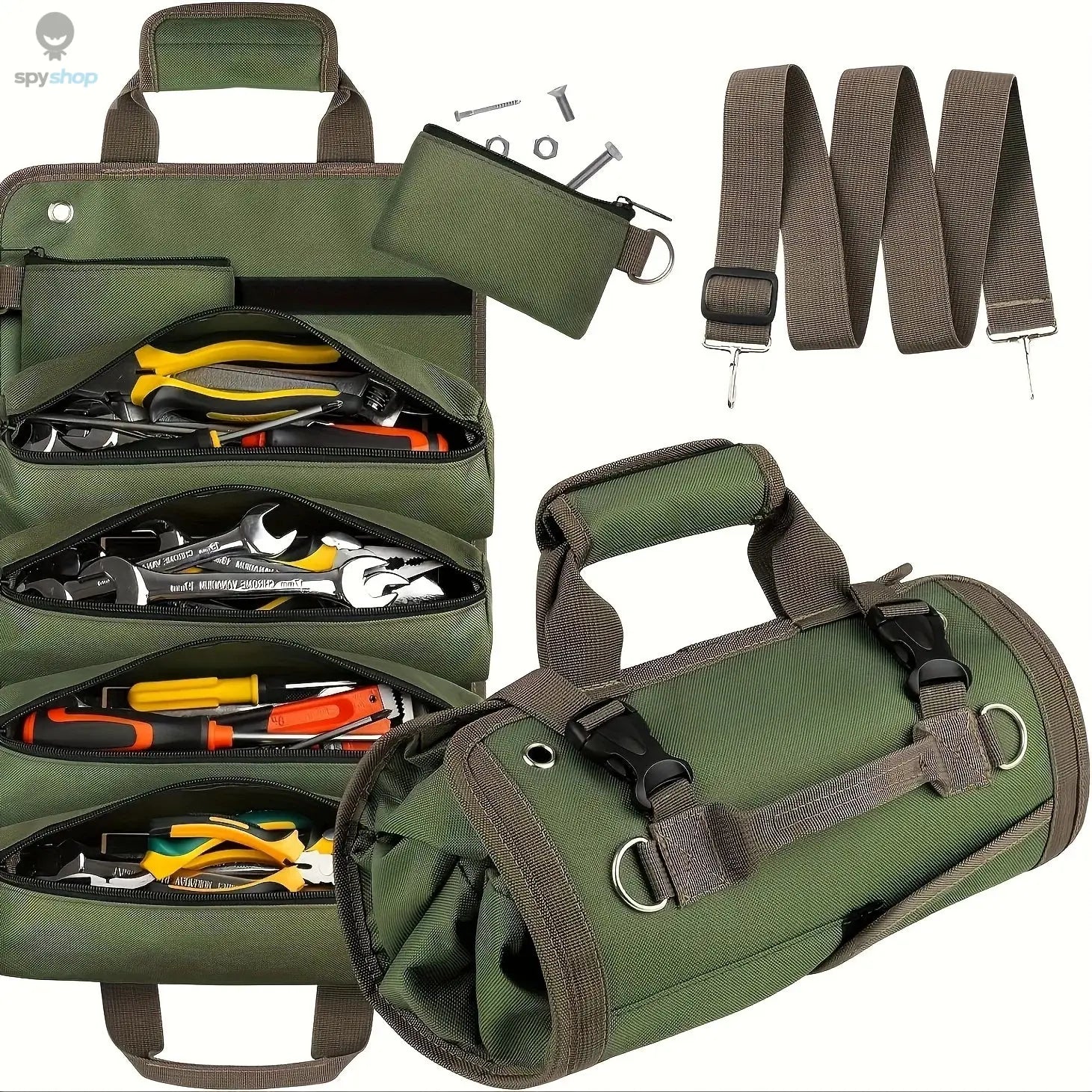 Heavy-Duty Roll-Up Tool Bag - Oxford Fabric Multi-Tool Organizer All-in-One Garage Storage for Mechanics/Electricians/Carpenters 