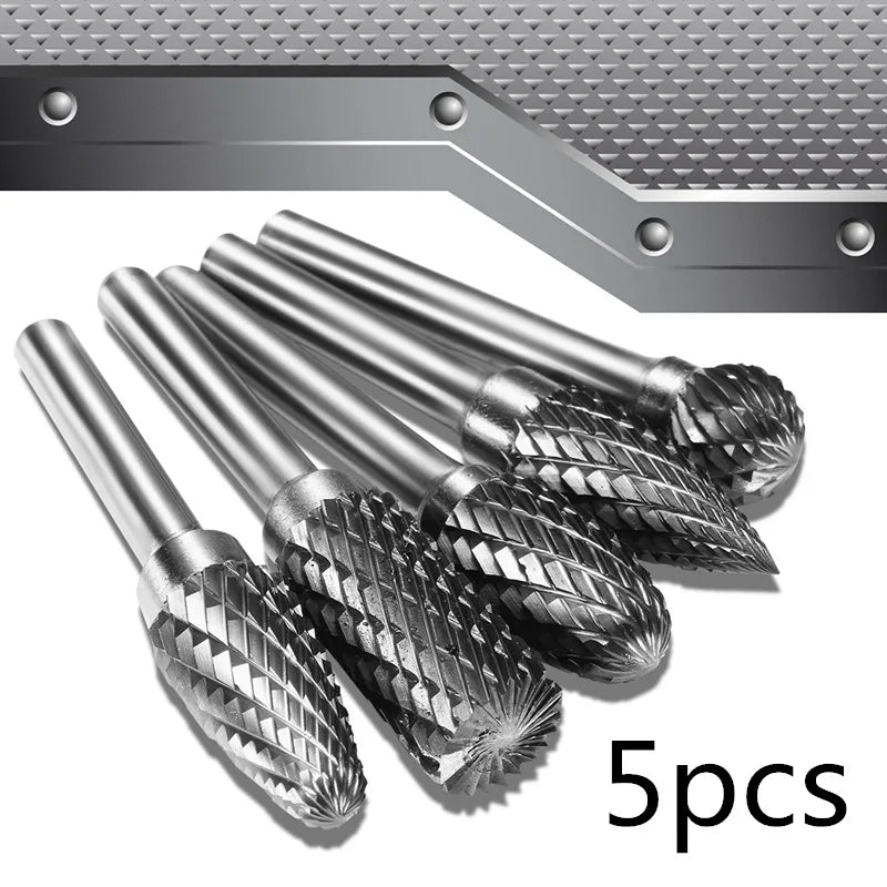 5pcs Double Groove Rotary File 6mm Grinding Head Tungsten Carbide Burr Milling Cutter Drill Bit Set Finishing Metal Mould 
