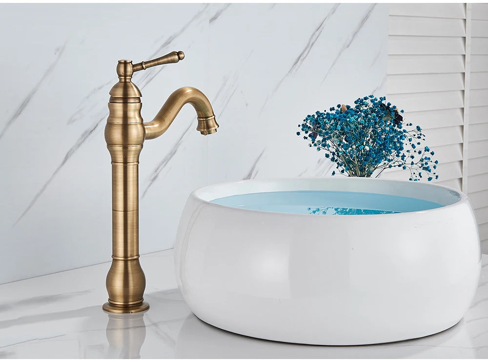 POIQIHY Antique Brass Basin Vessel Sink Faucet Deck Mounted One Hole Cold Hot Water Cold Hot Mixer Tap Bathroom Faucet  1 Hole 