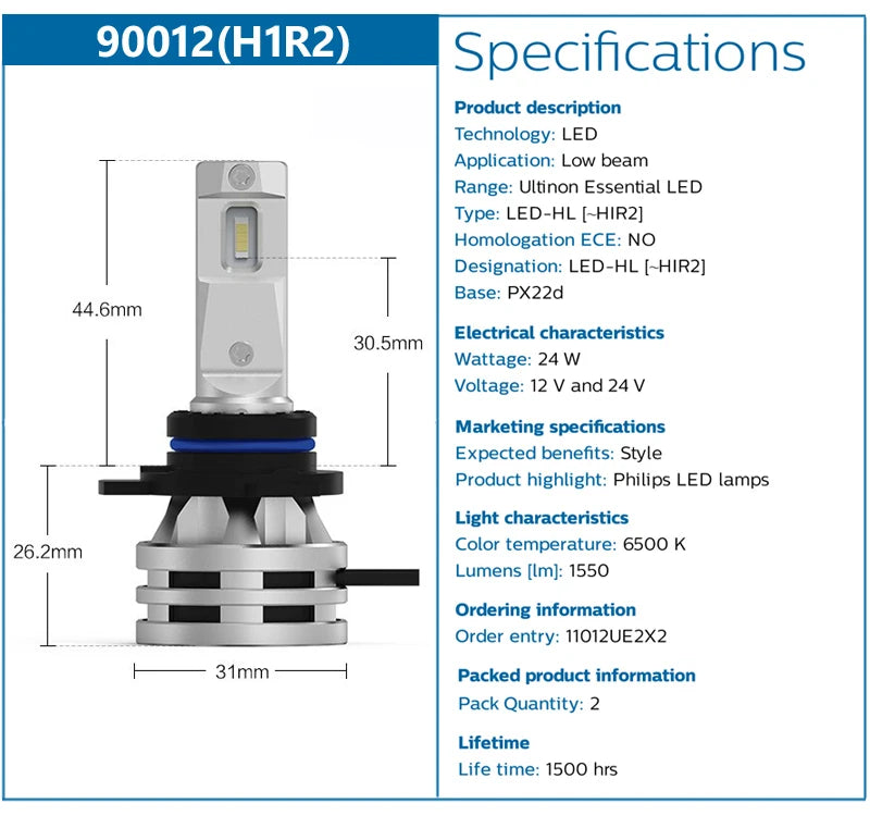 Philips Ultinon Essential G2 LED H1 H4 H7 H8 H11 H16 HB3 HB4 H1R2 9003 9005 9006 9012 6500K Auto Scheinwerfer Nebel-Lampe (2er Pack)