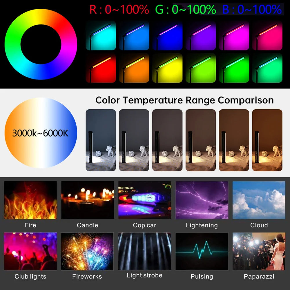 20"50cm Handheld Light Wand RGB LED Video Light Tube Light Photography Light Stick With Dimming Rechargeable Battery With Tripod 