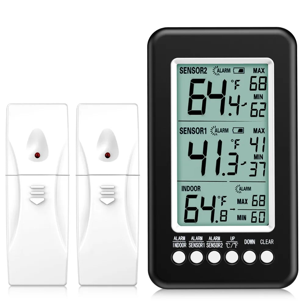 Refrigerator Thermometer with 2 Wireless Sensors and Alarm