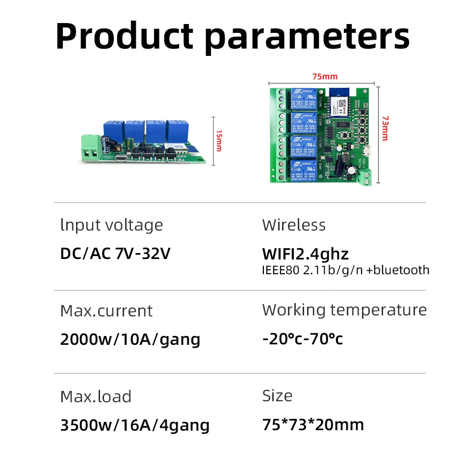 4CH Wifi Smart Home Motor Controller,DC 12V 24V 32V 220V RF433 Remote,4 Channel Relay Switch for Alice Alexa,Tuya Smart Life