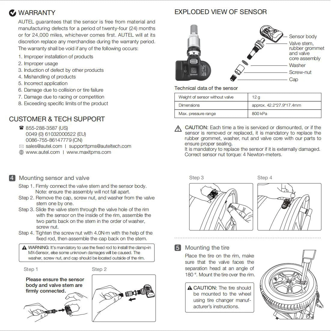 Autel MX-Senzor 2-v-1 TPMS 315MHz in 433MHz za pritisk, zamenjava