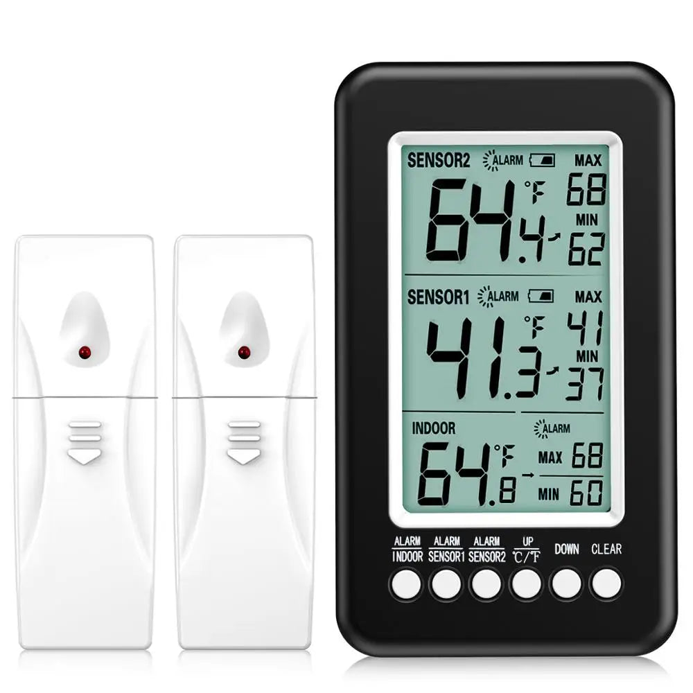 Refrigerator Thermometer with 2 Wireless Sensors and Alarm
