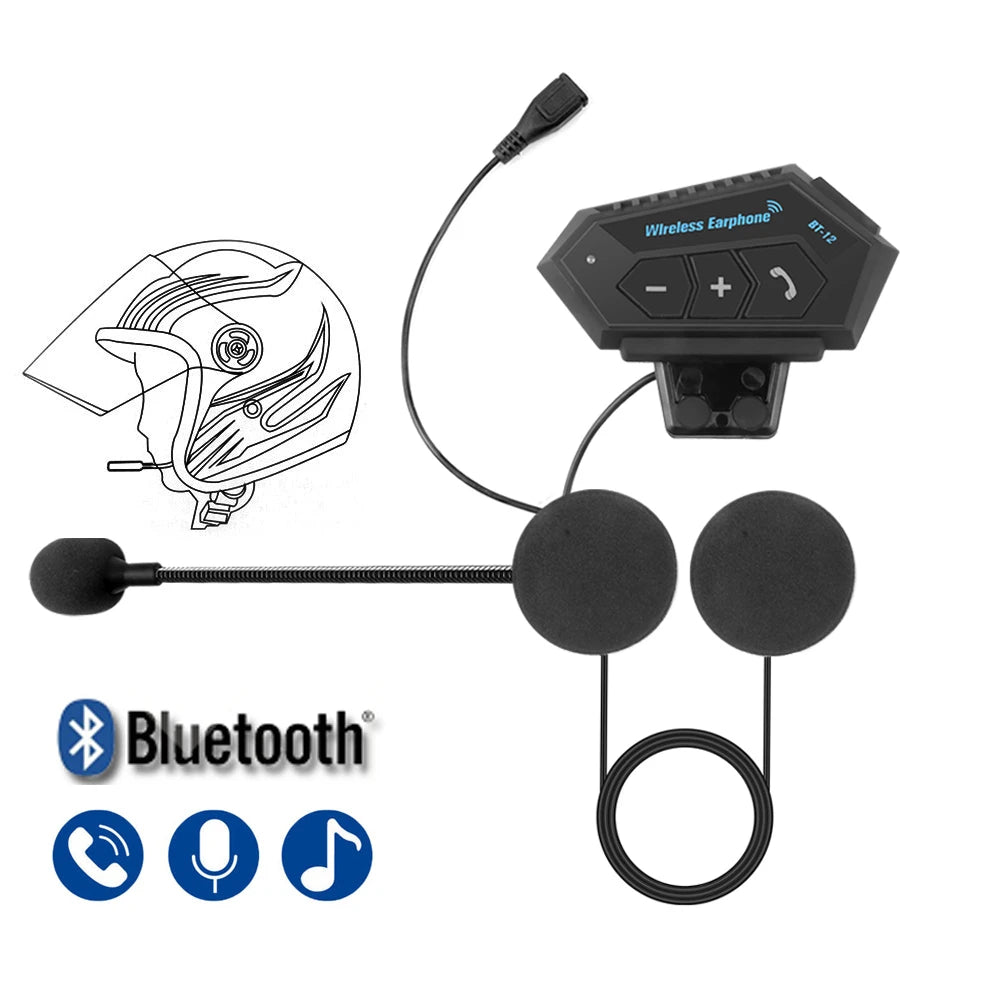 BT12 Motorcycle Helmet Headset Stereo Bluetooth Earphone Wireless Handsfree Mic Headphones Music Player For Motorbike Rider 