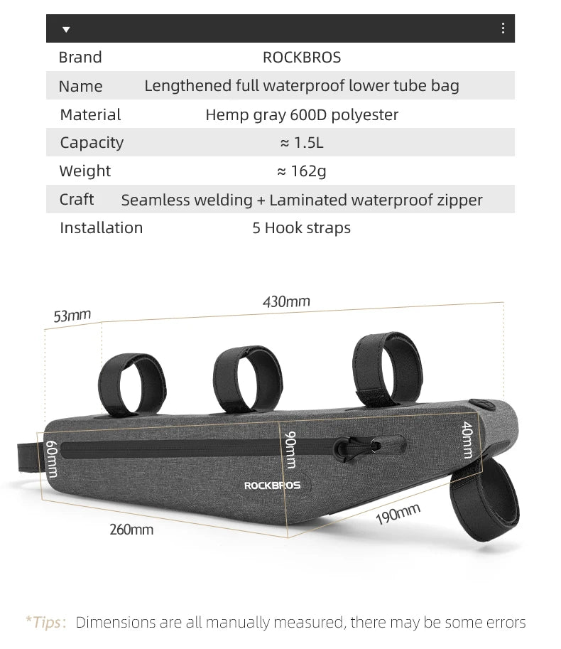 1.5L Waterproof Bike Frame Bag with 43cm Length