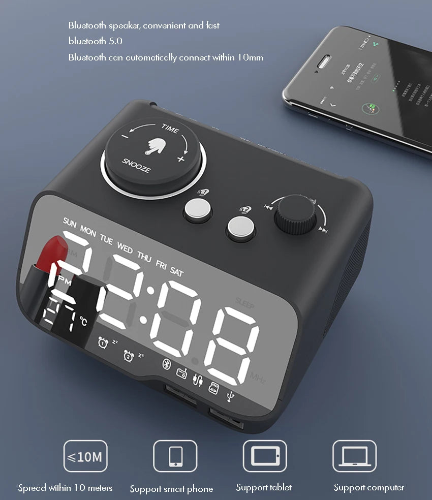 LED Alarm Clock Bluetooth Speaker with FM Radio & USB Charging