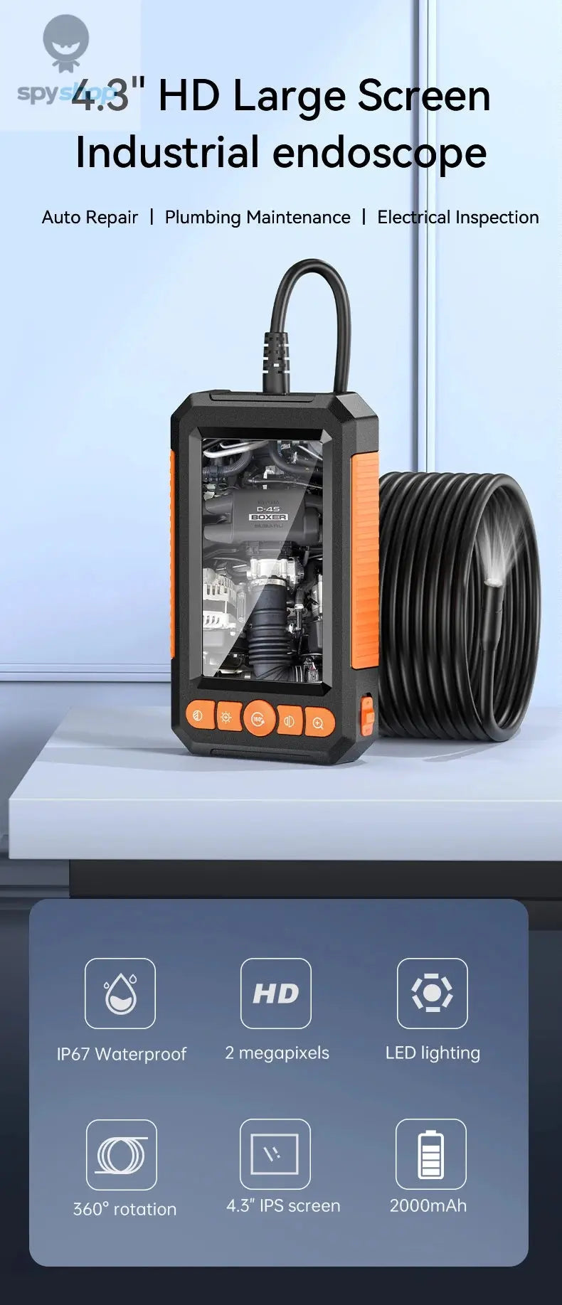 KERUI Industrial Endoscope Camera 4.3 "Single Dual Lens HD 1080P Car Inspection Borescope IP67 Waterproof Sewer Camera With LED Spy-shop.com