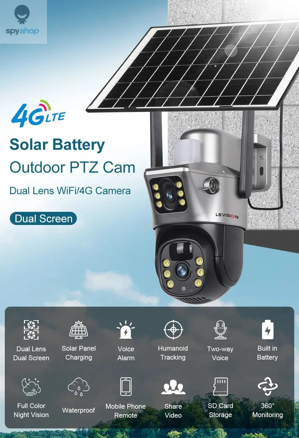 LS VISION Solar Camera 4G Sim Outdoor Dual Lens WiFi 8MP 4K IP Camara Solar Panel CCTV Security Built in Battery PIR Cam V380 Spy-shop.com