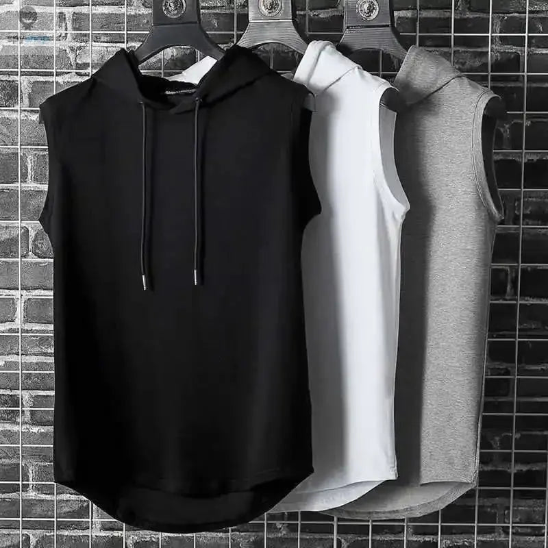 Men Tie Collar Hooded Sleeveless Vests Male Summer Loose Solid Hip Hop Tee Shirt Tops 