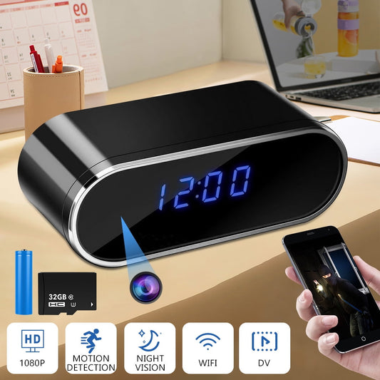 Mini Camera Clock HD 1080P Wi-Fi Alarm Clock Camera with Motion Detection, Night Vision, Anti-Theft Monitoring & 32G Memory Card