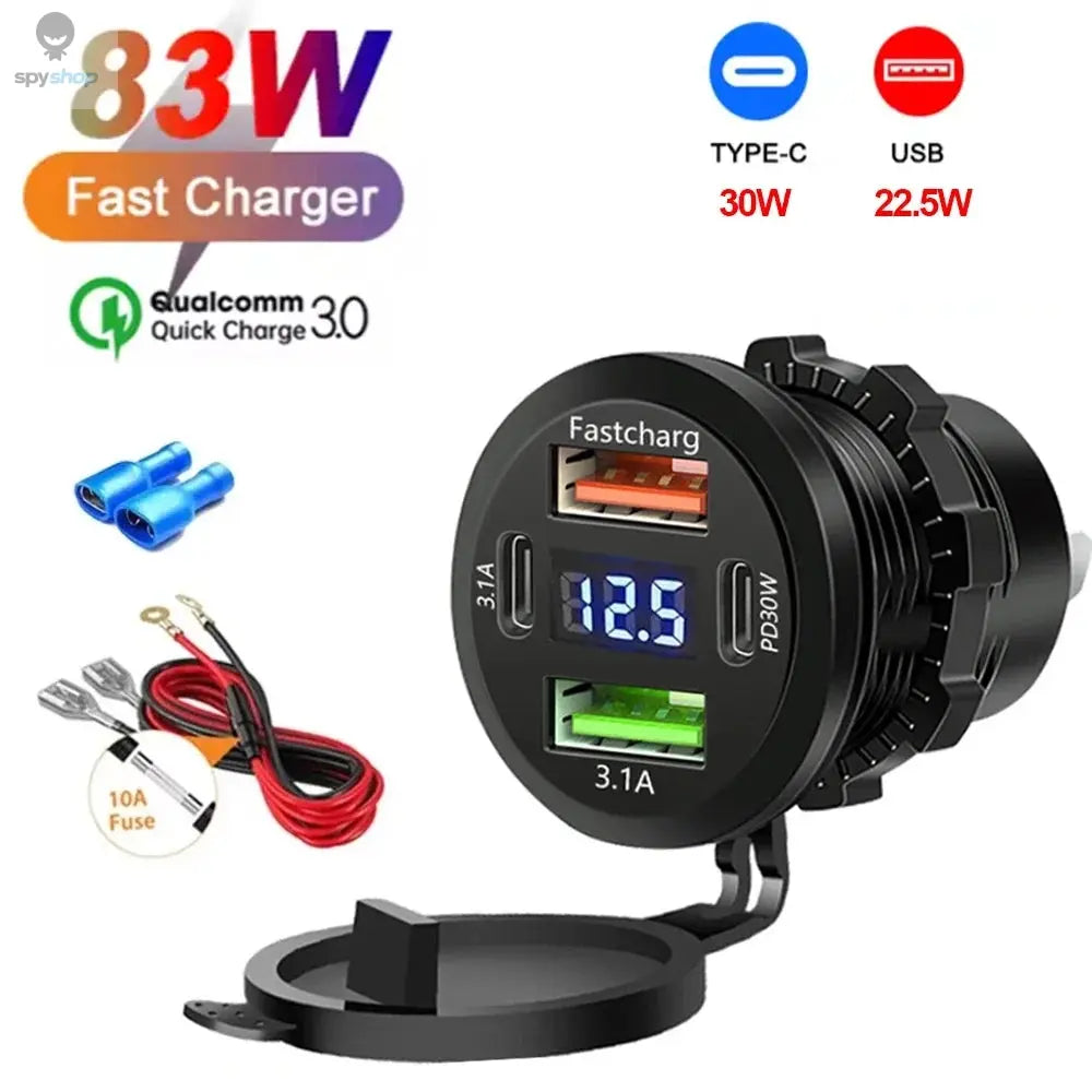 NEW 117W Dual PD Dual QC 3.0 USB Car Charger with Voltmeter Socket Power Outlet Adapter Waterproof for 12V/24V Car Boat Hot Sale 