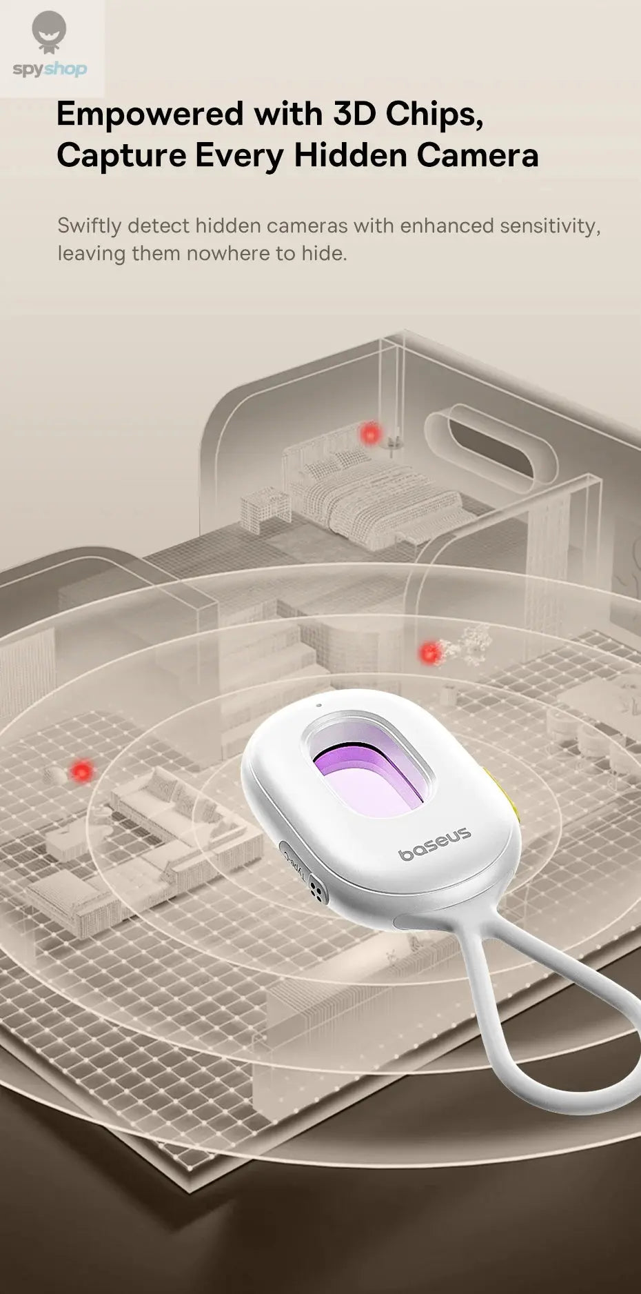 【New】Baseus Camera Detector Intelligent Hidden Camera Signal Detector Rechargeable Hanging Security Alarm Protection Detector Spy-shop.com