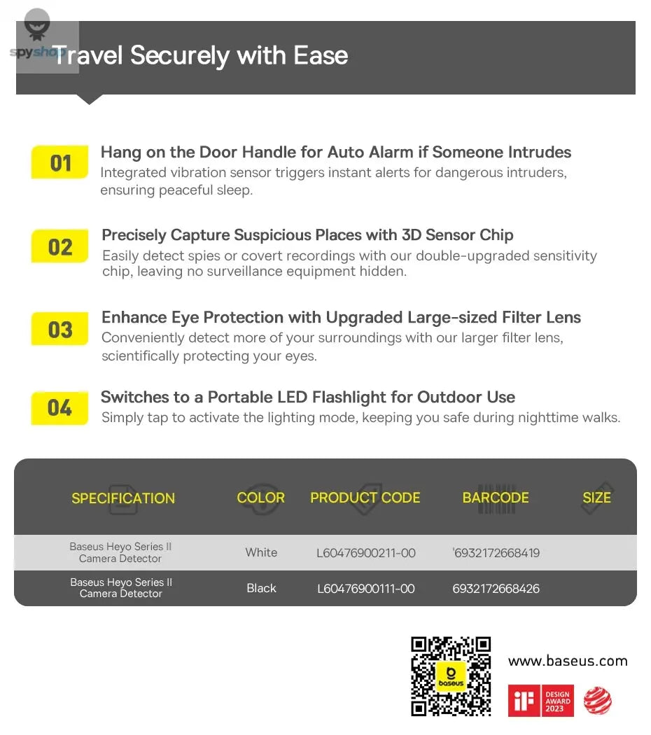 【New】Baseus Camera Detector Intelligent Hidden Camera Signal Detector Rechargeable Hanging Security Alarm Protection Detector Spy-shop.com
