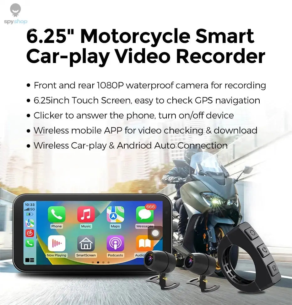 Portable 6.25 inch IP67 Waterproof Motorcycle GPS Navigation Wireless Carplay Android Auto DVR Drive Recorder Moto Monitor WIFI Spy-shop.com