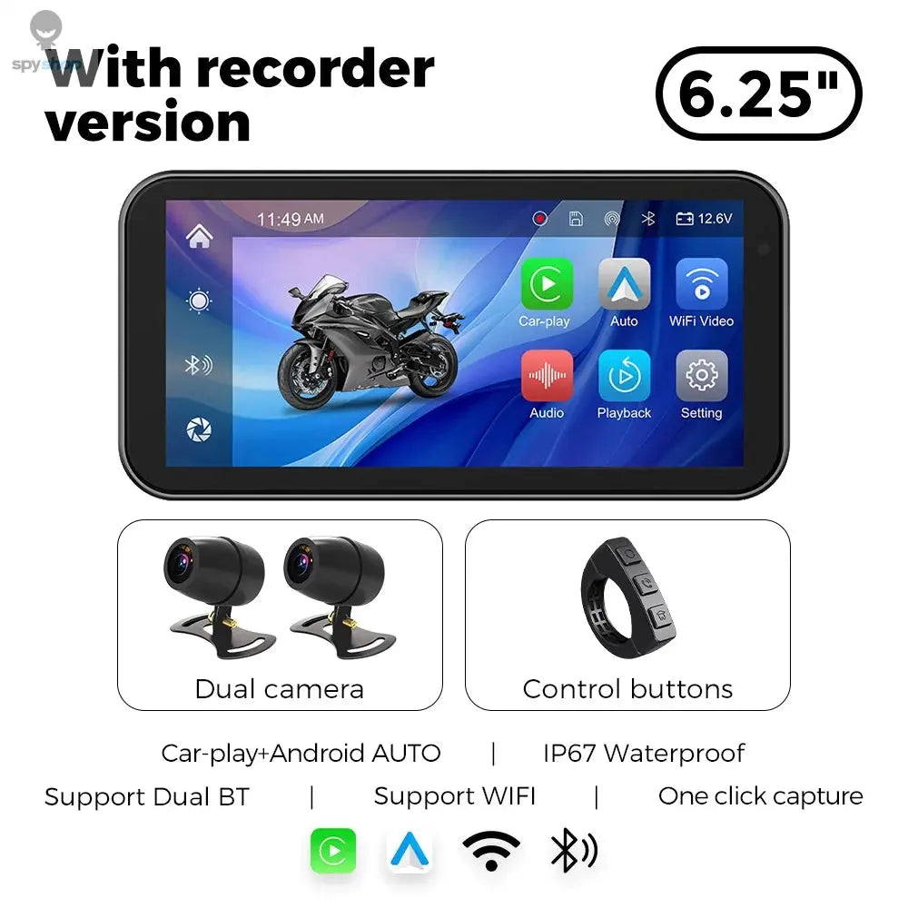 Portable 6.25 inch IP67 Waterproof Motorcycle GPS Navigation Wireless Carplay Android Auto DVR Drive Recorder Moto Monitor WIFI Spy-shop.com