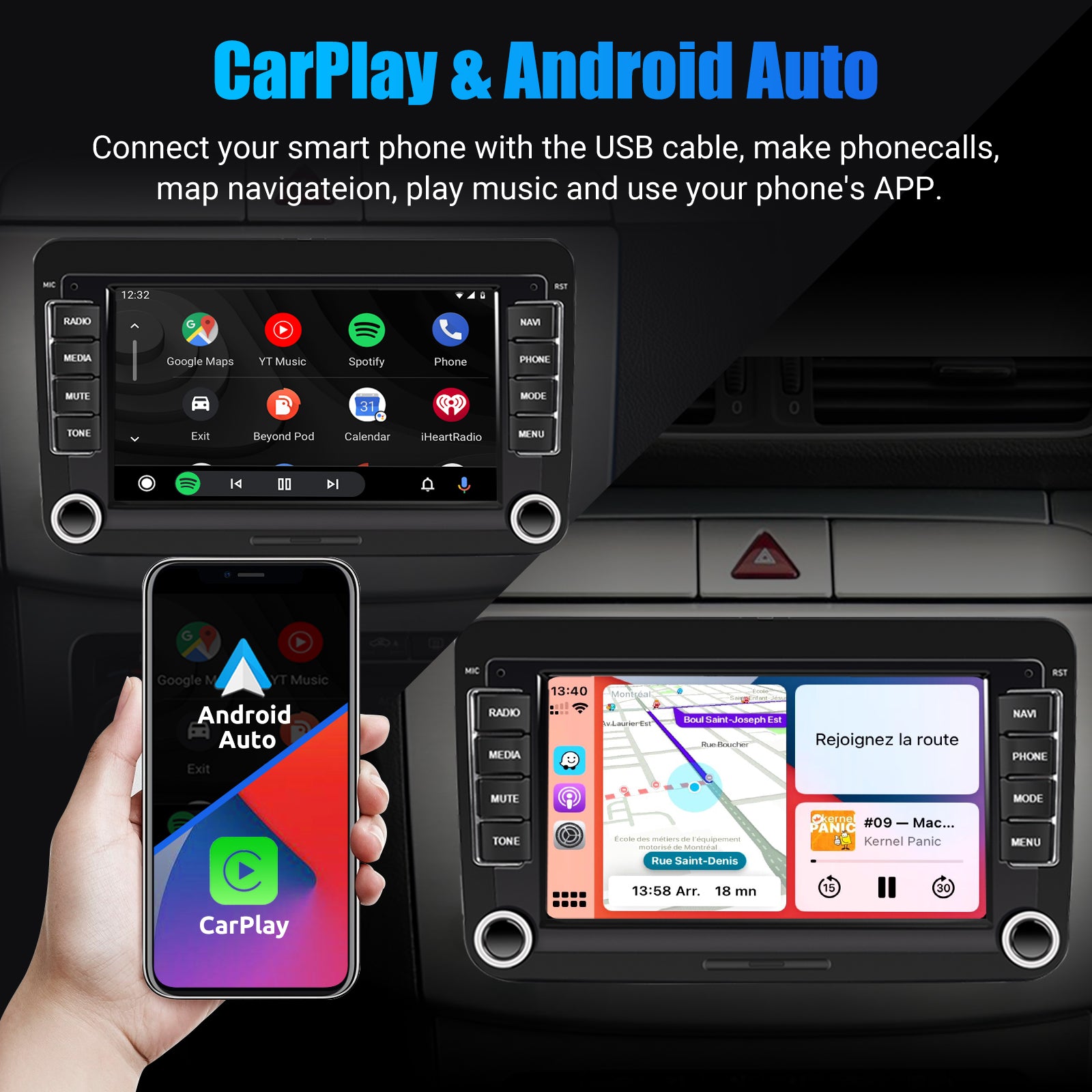7" Android 14 Car Stereo for VW with CarPlay, GPS & Voice AI