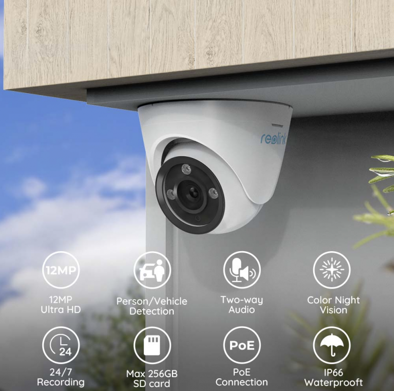 REOLINK RLC-1224A Video Surveillance Camera: High-Resolution 12MP (4512 x 2512) - 20fps, Wide 118° Lens, Night Vision Range up to 30m, Built-in Microphone and Speaker, Motion Detection with Human and Vehicle Detection, Free Phone App Included - Spy-shop.com