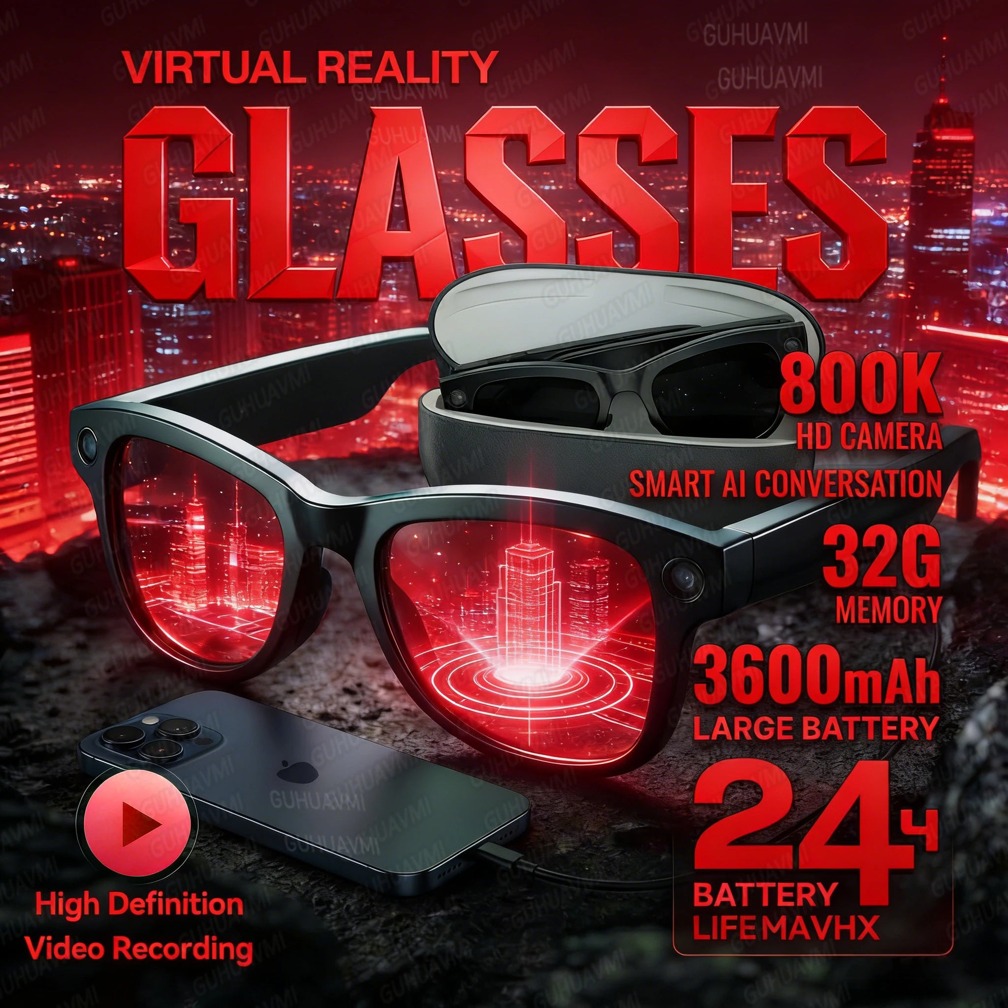 Óculos inteligentes 2026 com AI 1080p, câmera HD, M02, Ultra, ChatGPT, estojo de carregamento de 3600 mAh, banco de energia, 32 GB, tradução, música, vídeo, óculos de sol