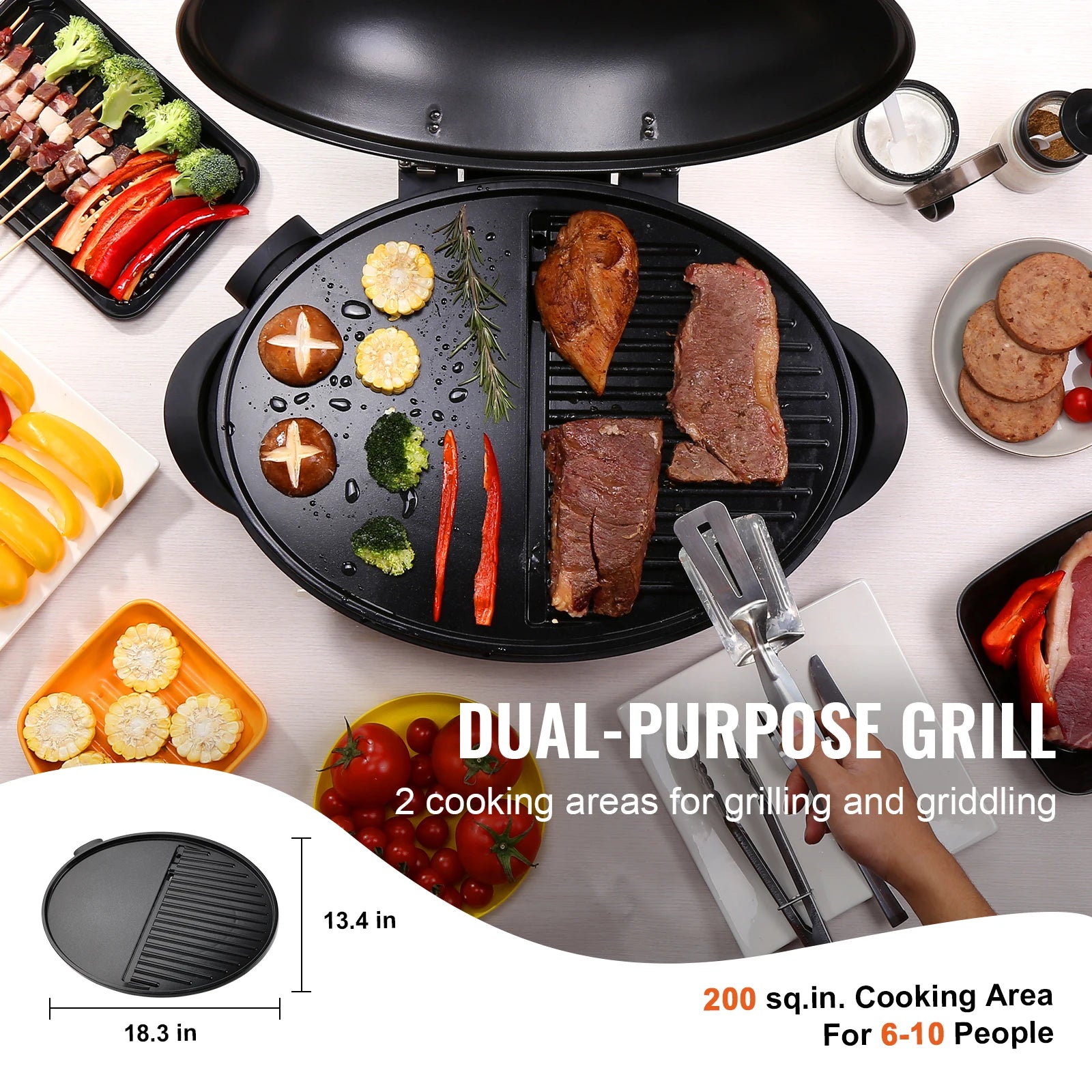 1800W Electric BBQ Grill with 2-Zone Surface for Indoor Outdoor Use