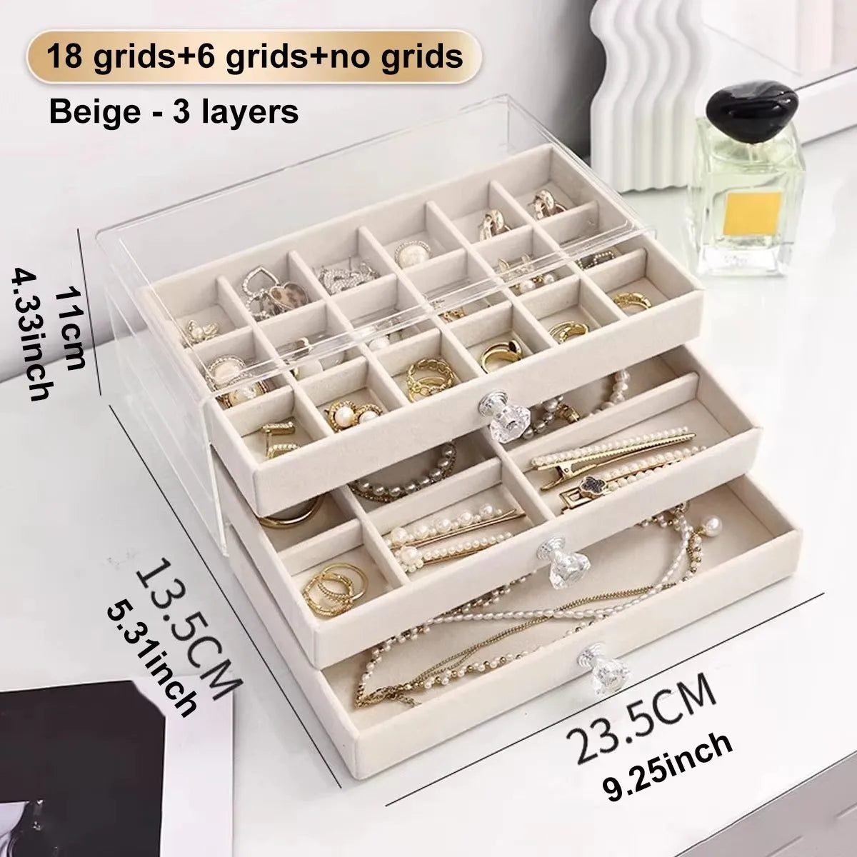 1 boîte à bijoux à tiroirs empilable sur 3 niveaux, beige/grise, pour ranger boucles d’oreilles, bagues, colliers et bracelets