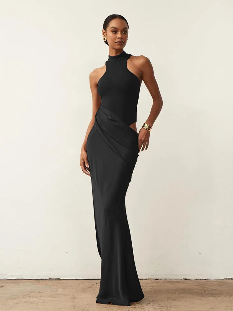 JULISSA MO Satin Sexy Hollow Out Women Maxi Dress Black Sleeveless High Waist Dress Female Autumn Skinny Elegant Party Clubwear 