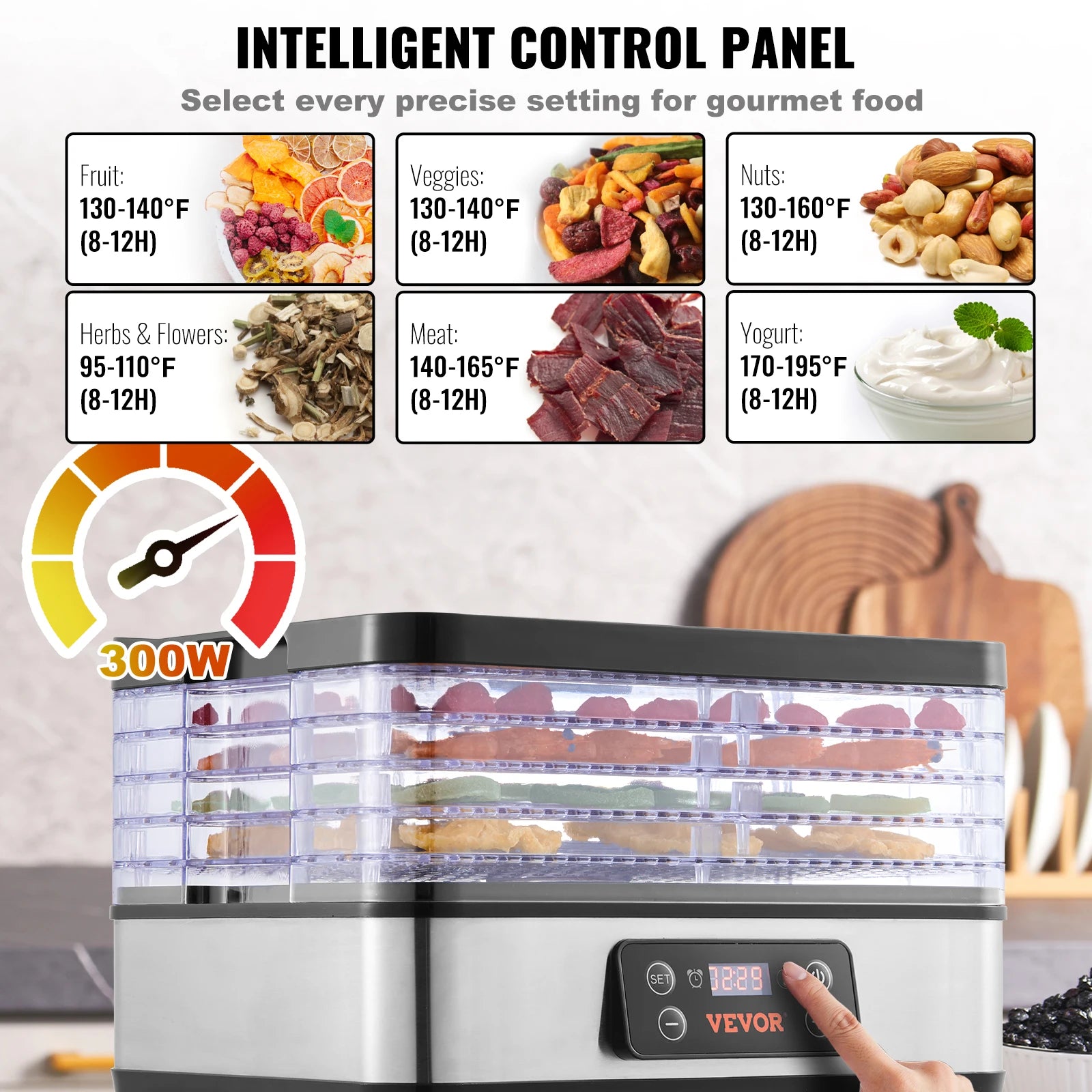 5-bakke madtørrer med timer og temperaturkontrol 300W