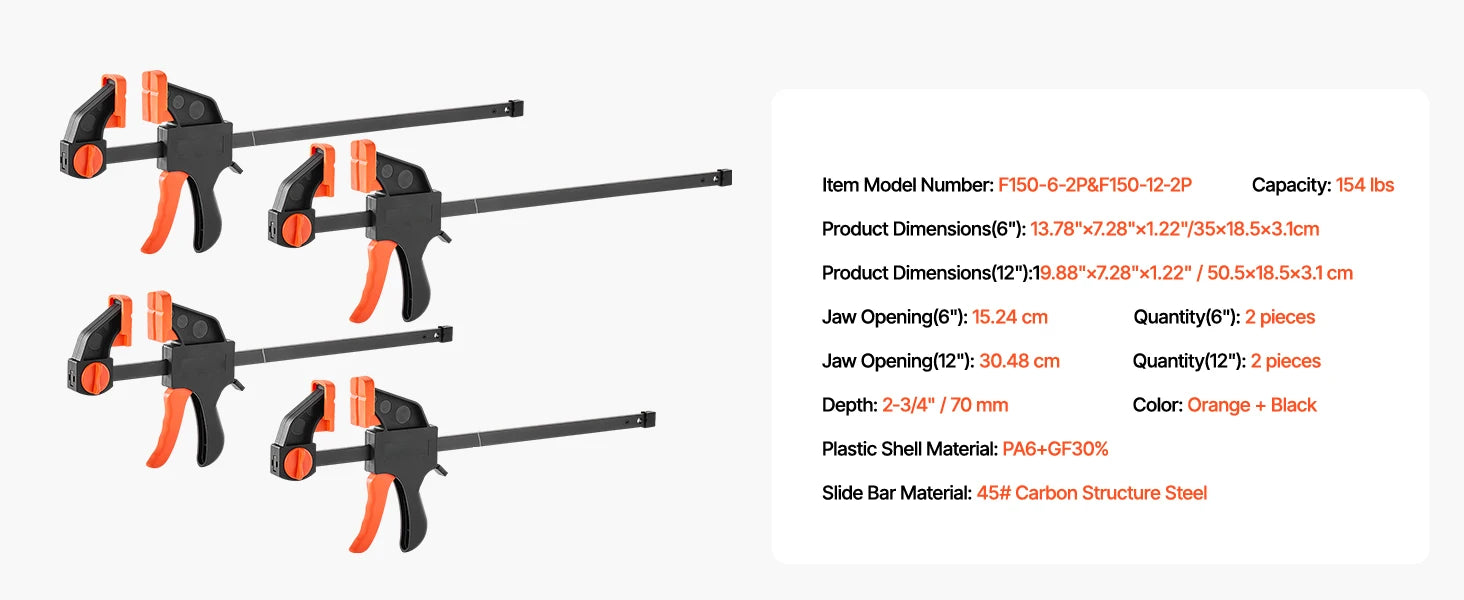SucceBuy bøjle-klemmer 2 stk. 50" parallelle klemmer sæt F-klemme med belastningsgrænse 1100 lbs højstyrke plast og kulstofstål træklamp