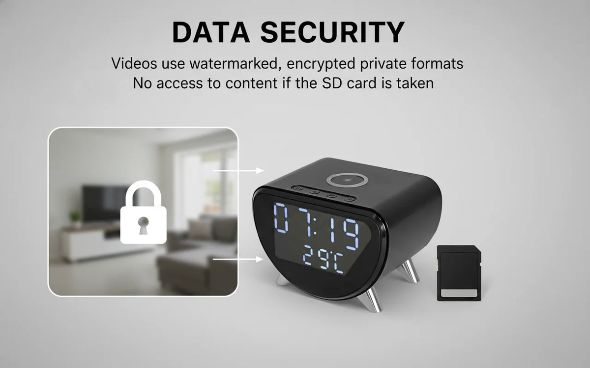 4K UHD WiFi Clock Camera, Indoor Surveillance with Motion Detection, Remote Real-Time View & Video Recording, Qi Wireless Charging Compatible, Suitable for Home Office Warehouse, Elegant Minimalist Design, TF Card Storage (No