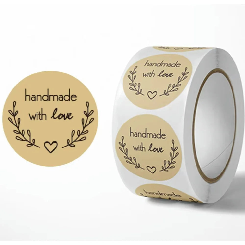500pcs Handmade with Love Stickers Vintage Kraft Paper Stickers Stationery Label Baking Kraft Paper Stickers Scrapbook Gift