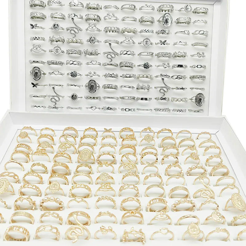 30pcs/Lot Mix Style Pearl Silver Color Finger Rings Animal Snake Chain Hollow Leaf Party Jewelry Girl Love Butterfly Flower Gift 