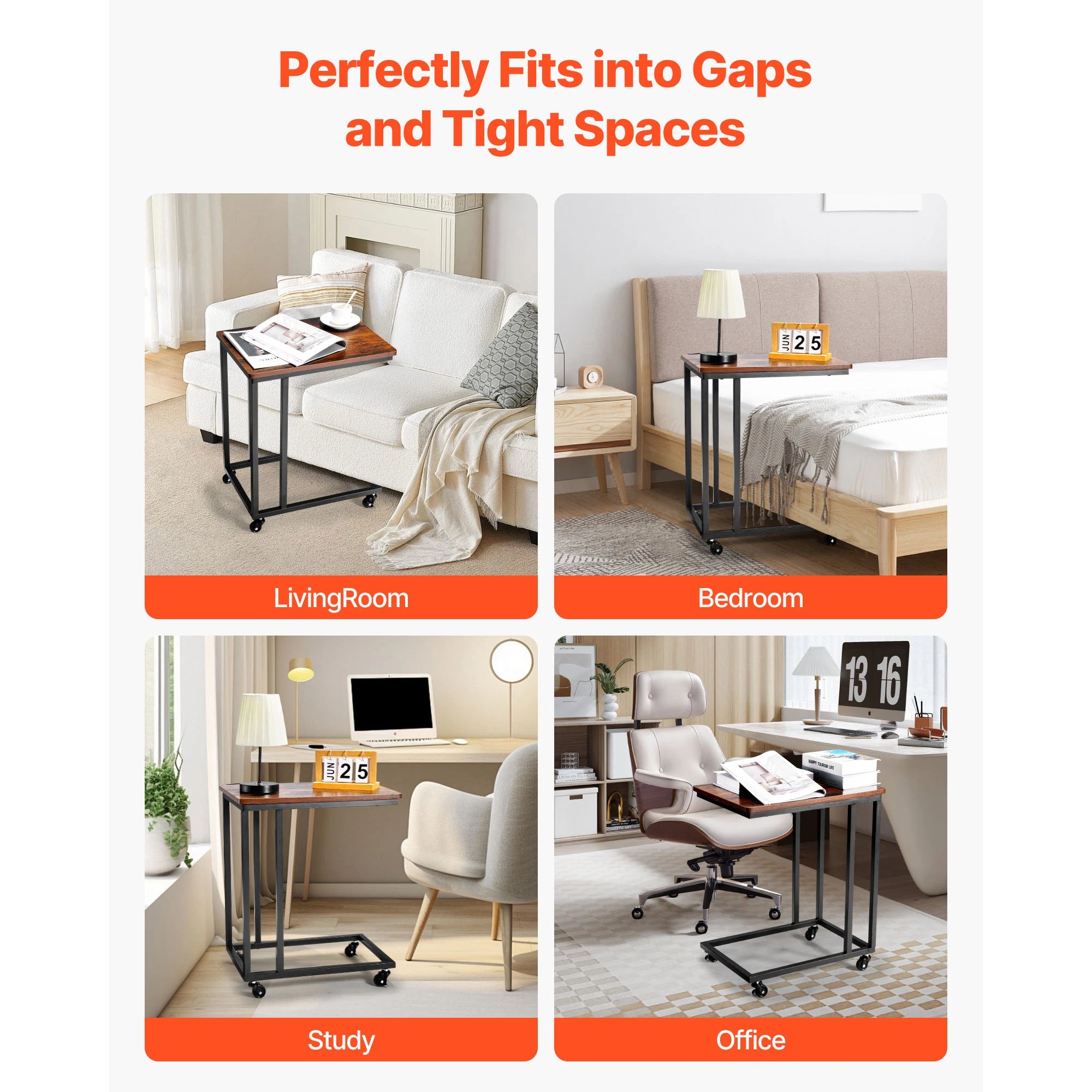 SucceBuy C Table C Shaped Sofa Side Table with Metal Frame Rolling Casters Portable C Shaped End Stand for Living Room Office